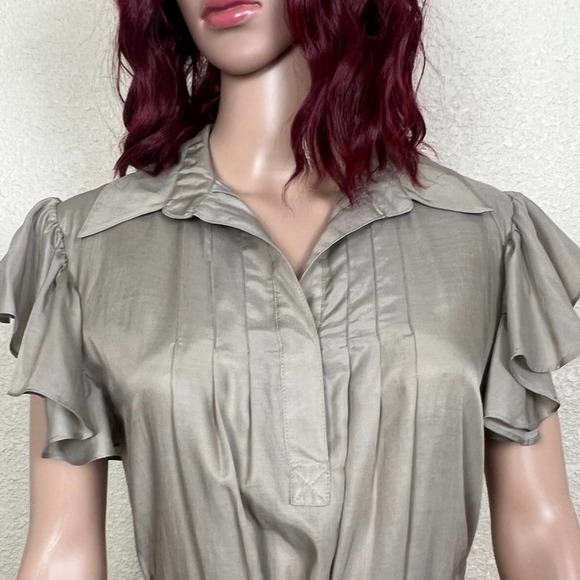 Ali Ro Womens Pleated Shirt Dress size 2 Khaki Taupe Ruffle Sleeve Knee Length - Picture 8 of 12